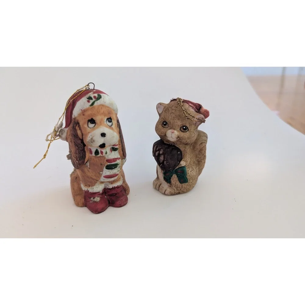 Vintage 1986 Ceramic Christmas Ornaments Set Dog and cat  Holiday Decor